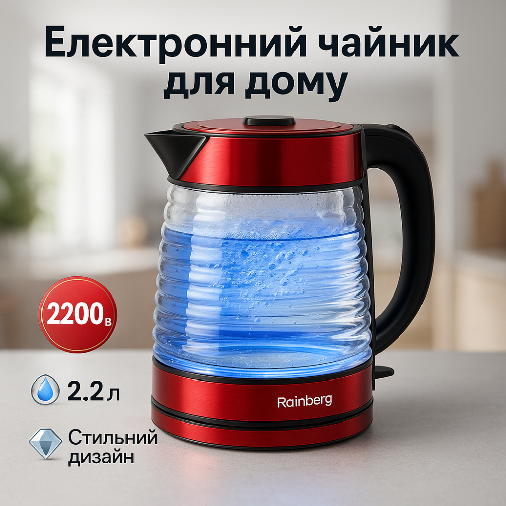 Скляний електрочайник з led підсвічуванням Rainberg, Електрочайник з індикатором температури CH-89 Львів - фото 7