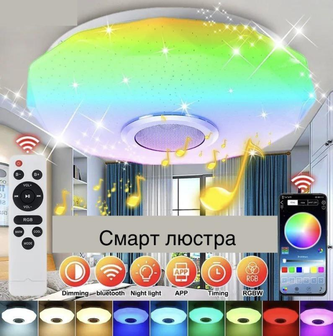 Уцінка Смарт LED люстра Wholede RGB з Bluetooth колонкою | Стельовий світильник з пультом, APP, димер, музична люстра Київ - фото 11