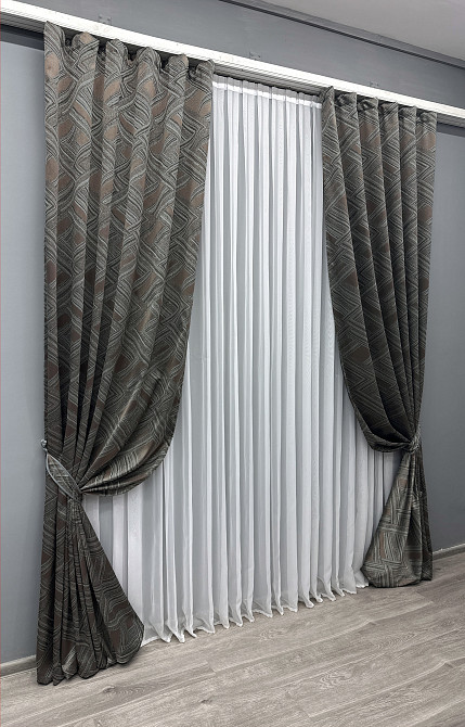 Комплект готовых штор VR-Textil Жаккард Mystery № 1621ш Серый с коричневым 150х290 см 2 шт (33-0543) Киев - изображение 3