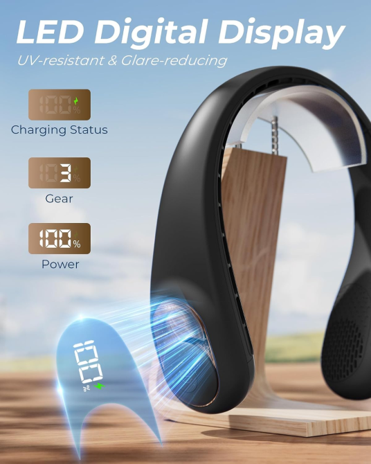 Вентилятор на шию TUNISE, 5200 мАг, 3 швидкості, LED-дисплей, USB-C, 360°, до 12 годин роботи, чорний Київ - фото 7