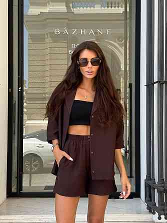 Женский летний базовый костюм двойка: шорты + рубашка свободного кроя лен бохо Одесса