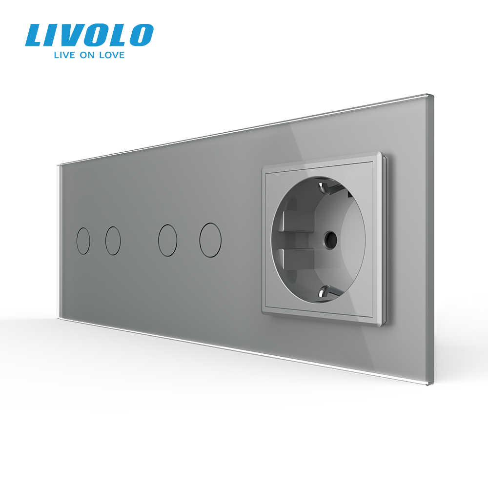 LIVOLO Сенсорний вимикач 4 сенсора (2-2) 1 розетка Livolo сірий скло (VL-C702/C702/C7C1EU-15) Коломия - фото 7