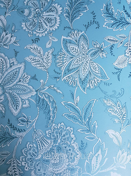 Шпалери флізелінові еко Rasch Sophia 0.53х10 рослинний принт квіти листя срібло білі на бірюзовом3д Київ - фото 1