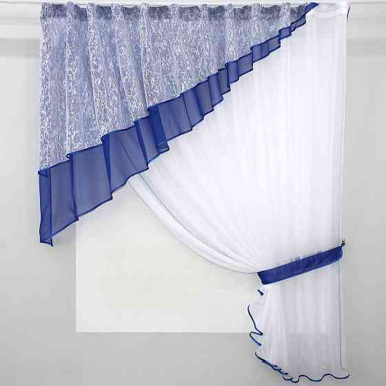 Кухонная шторка VR-Textil № 00к с ламбрекеном белый с синим 290х170 см (59-635) Киев