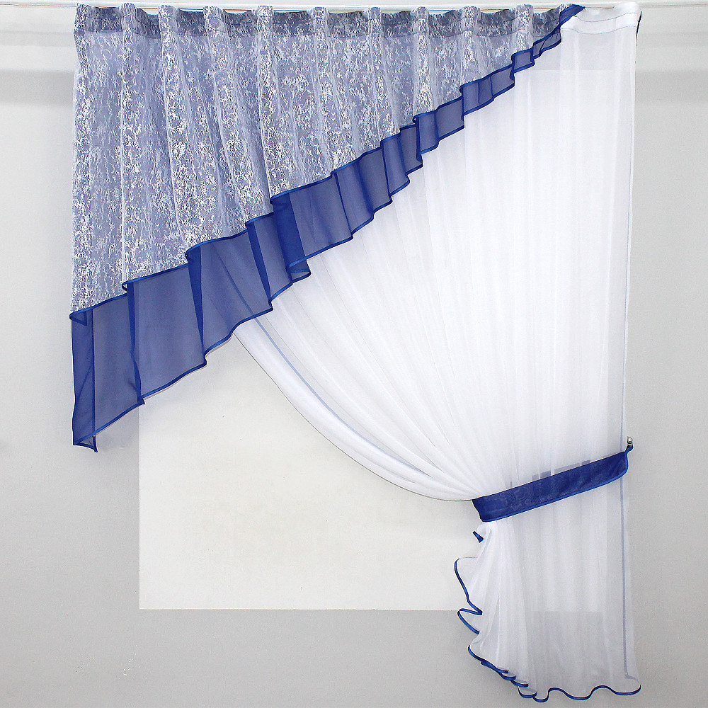 Кухонная шторка VR-Textil № 00к с ламбрекеном белый с синим 290х170 см (59-635) Киев - изображение 1