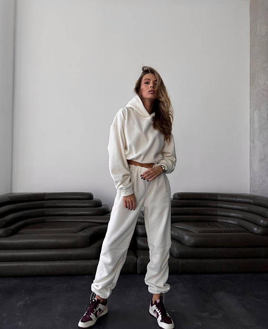 Жіночий стильний теплий костюм двосторонній фліс. Молочний, 46/48 Одеса - фото 1