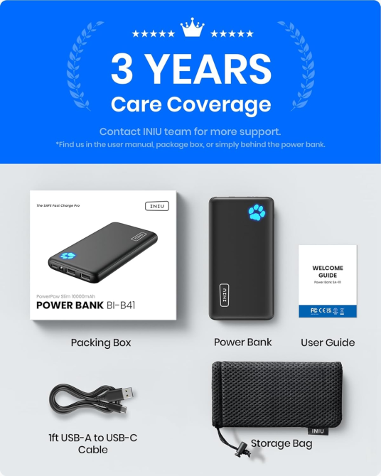 Power Bank INIU 10000 мАч, 3A быстрая зарядка, USB-C IN/OUT, 2×USB-A, 3 устройства, тонкий корпус, Black Киев - изображение 8