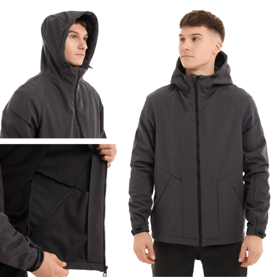 Чоловіча куртка весна осінь демісезонна з капюшоном softshell темно-сіра Победов L Одеса