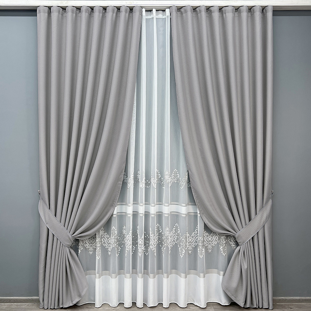 Комплект штор VR-Textil Льон Мішковина 150х270 2шт і Тюль 600х270 867ш-1708т Світло-сірий з білим 71-181/5 Київ - фото 9
