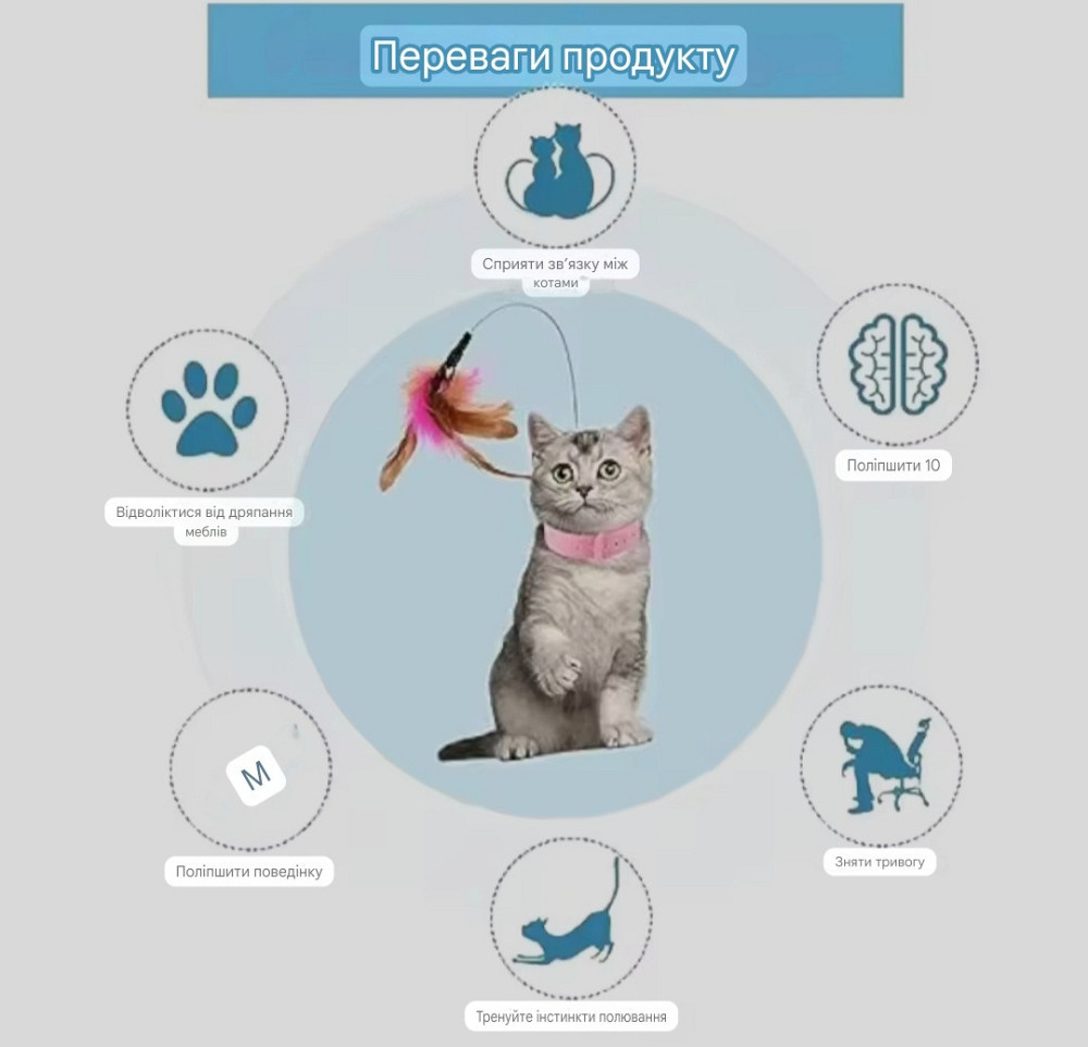 Игрушка с ошейником для котиков перья з колокольчиком 30 см розовый Киев - изображение 3