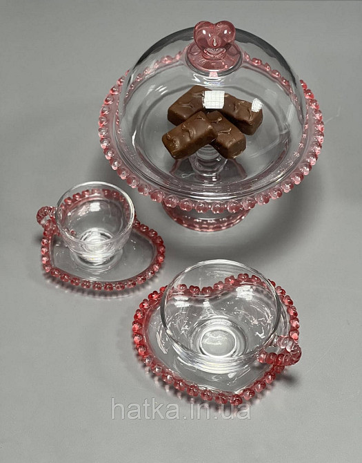 Тортівниця кришка+підставка для торта «Рожеве Серце» 19.5 см прозоре з рожевим обідком у вигляді серця Київ - фото 8