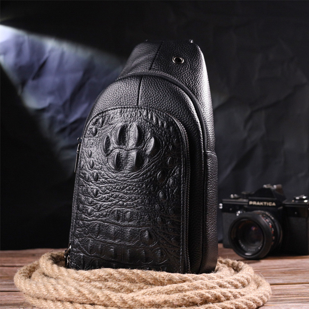 Мужская сумка слинг из натуральной фактурной кожи 21400 Vintage Черный Киев - изображение 9