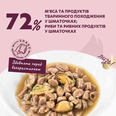 Влажный корм для кошек Delickcious Кусочки с лососем и мидиями в соусе 85 г (4820269143135) Винница