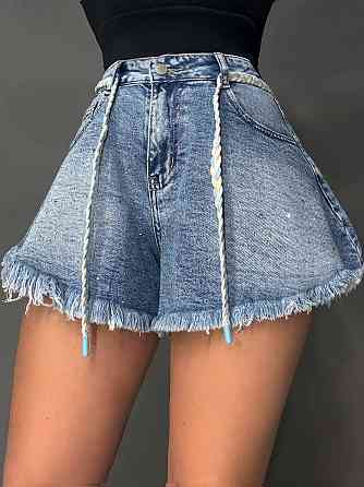 Шорты женские джинсовые Vanver 2016 с камнями короткие расклешенные с бахромой голубые, голубой, 28, 28, 76 см Киев