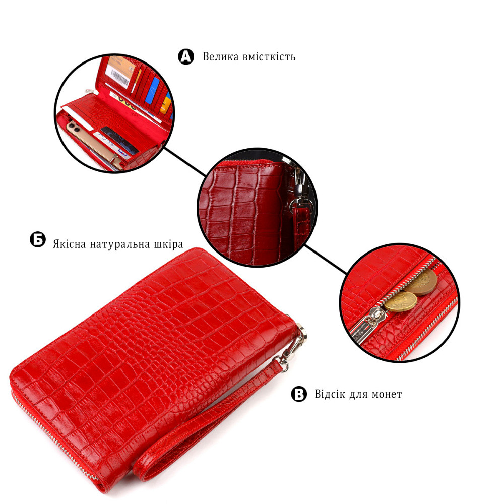 Функціональний клатч для жінок з натуральної шкіри з тисненням під крокодила CANPELLINI 21920 Червоний Київ - фото 4