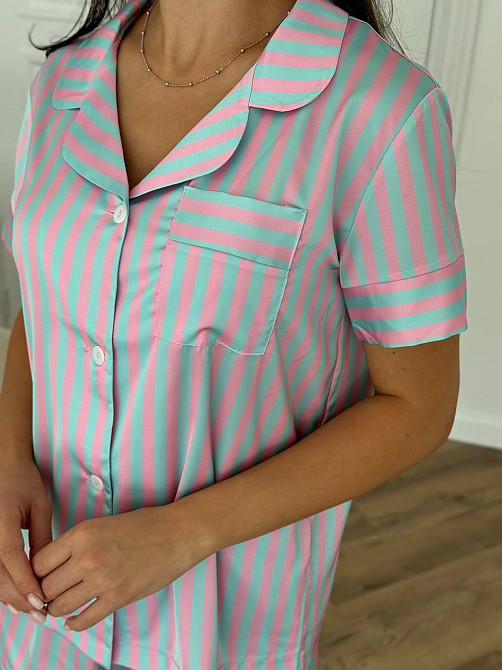 Пижама женская из сатина с шортами и рубашкой Голубо-розовая M-L Харьков - изображение 4