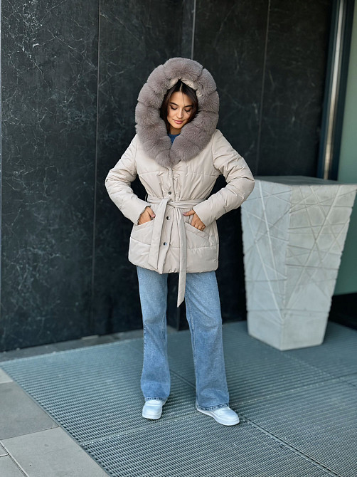 Жіночий пуховик з натуральним хутром песця Бежевий L Харків - фото 5