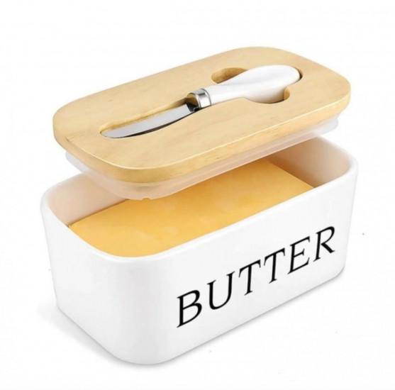 Масленка с ножом, керамическая, белая с бамбуковой крышкой 650мл Винница - изображение 2