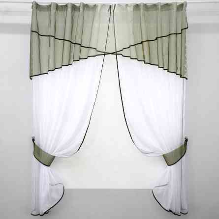 Кухонные шторы VR-Textil № 091к с ламбрекеном и подвязками оливковый с белым 280х170 см (59-710) Киев