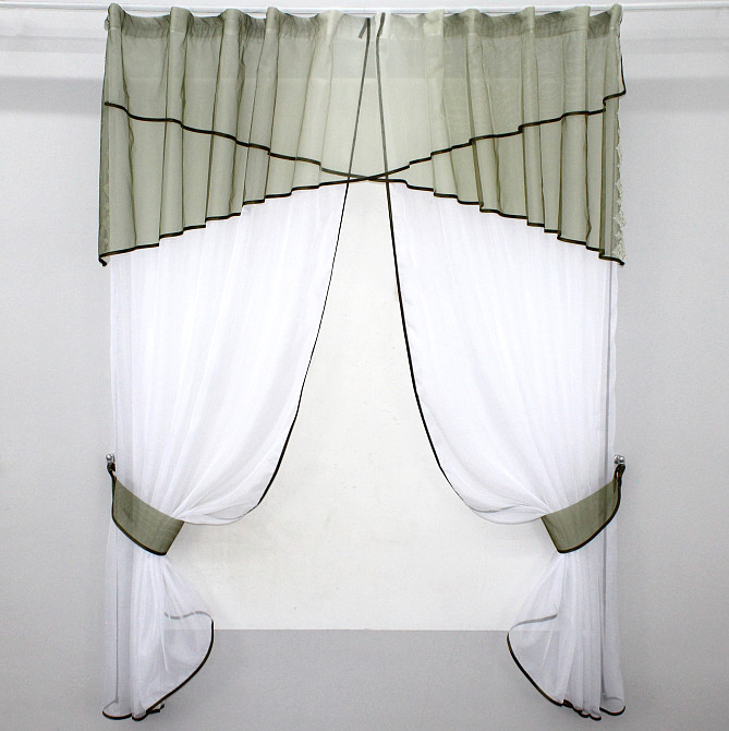 Кухонные шторы VR-Textil № 091к с ламбрекеном и подвязками оливковый с белым 280х170 см (59-710) Киев - изображение 1