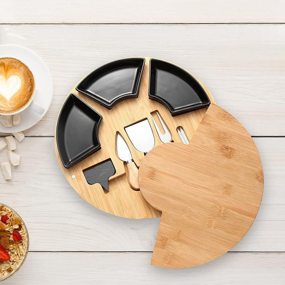 Дошка для сиру і закусок бамбукова кругла з ножами, дерев'яна менажниця діаметр 33 см колір чорний Кам'янець-Подільський - фото 9