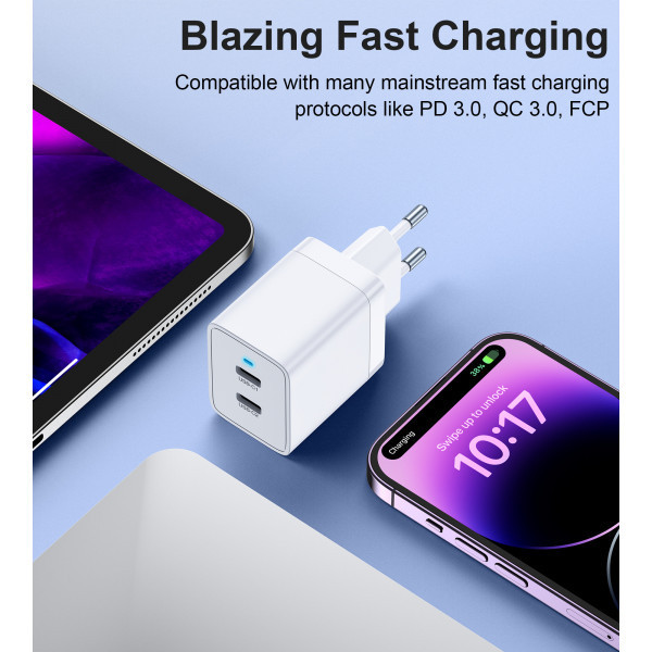 Зарядний пристрій 2хUSB-C 40W PD QC3.0 Q5006 білий Choetech (Q5006-EU-WH) Київ - фото 8