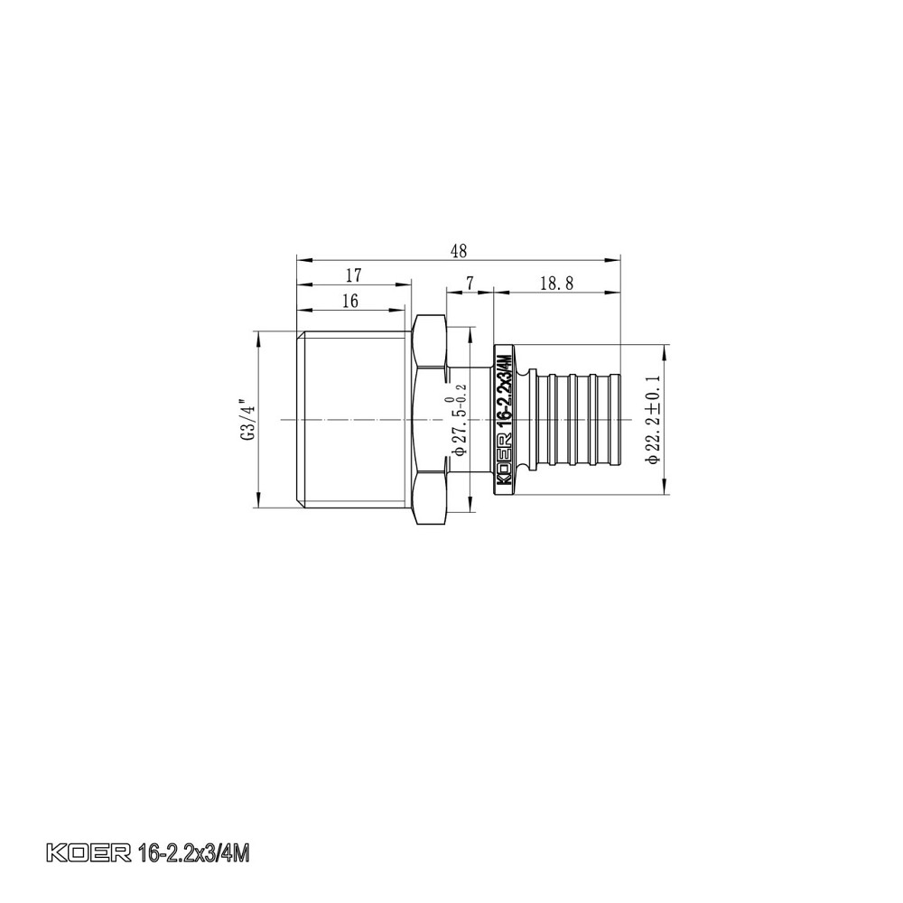Переходник с ЗР Koer KA.A08M-16 - 16(2.2mm) x 3/4