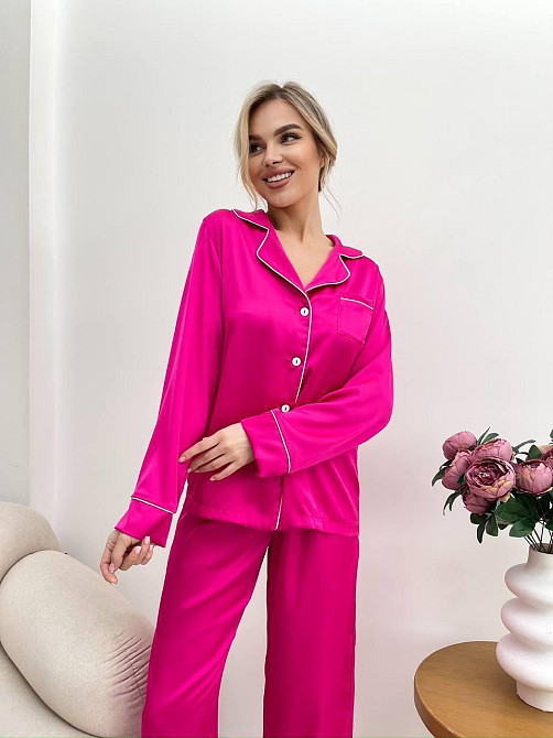 Жіноча стильна піжама двійка: сорочка і штани з шовку Армані. Малина, 44/46 Одеса - фото 3