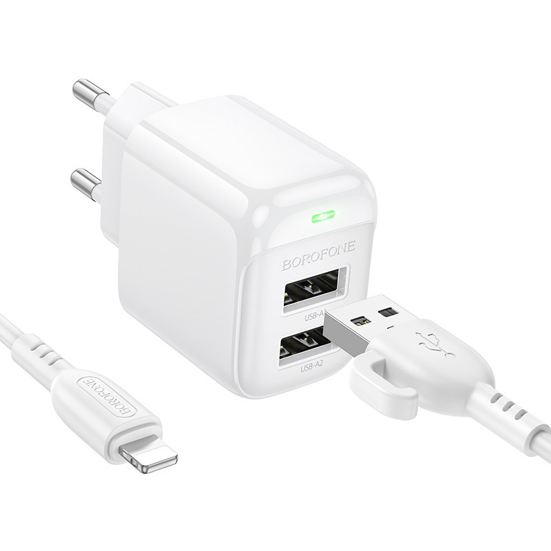 Сетевое зарядное устройство с кабелем BOROFONE BAS41A Potential dual-port charger set (iP) White Киев - изображение 3