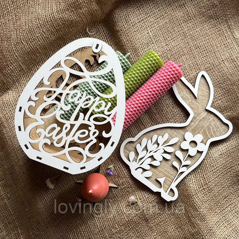 Пасхальный декор — набор свечей ручной работы, деревянная корзина и весенний кролик. Ирпень - изображение 1