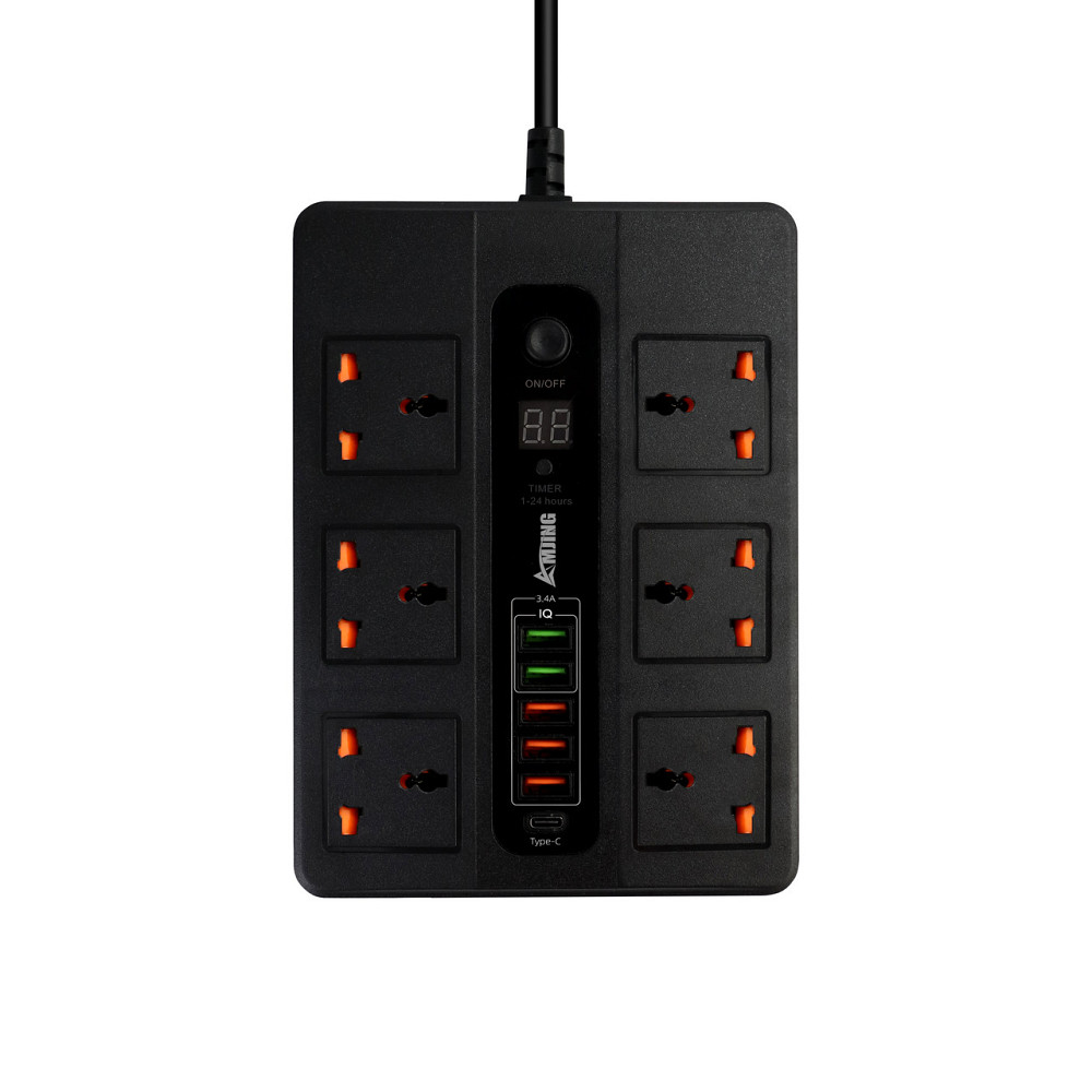 Мережевий фільтр BKL-11 з функцією таймера на 6 розеток 10А 250V + 1 PD20W + 1 QC3.0 + 4 USB, чорний Кам'янець-Подільський - фото 1