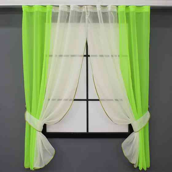 Кухонные шторы VR-Textil № 017к комбинированные с подвязками неоново-салатовый с молочным 265х170 см (52-0889) Киев