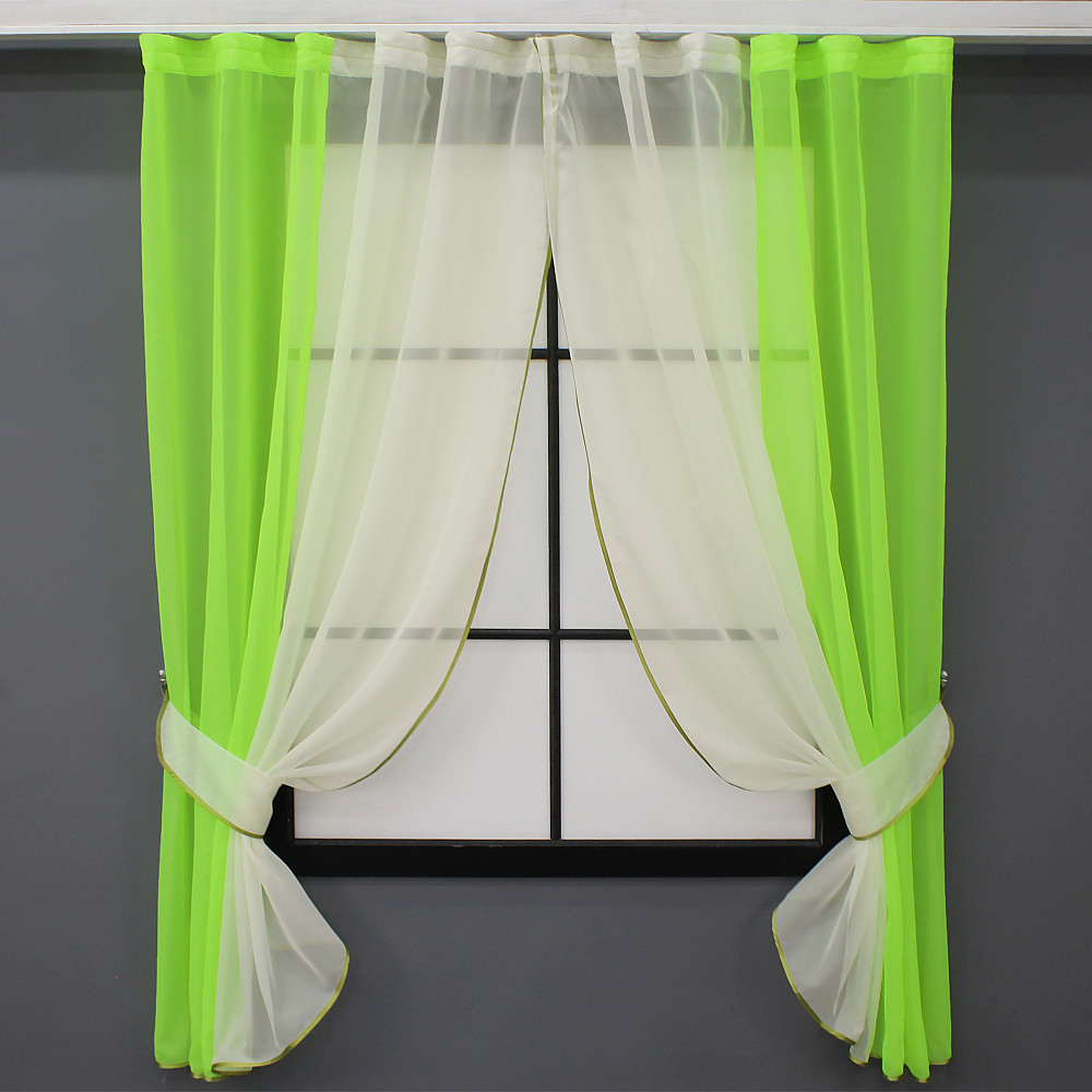 Кухонные шторы VR-Textil № 017к комбинированные с подвязками неоново-салатовый с молочным 265х170 см (52-0889) Киев - изображение 1