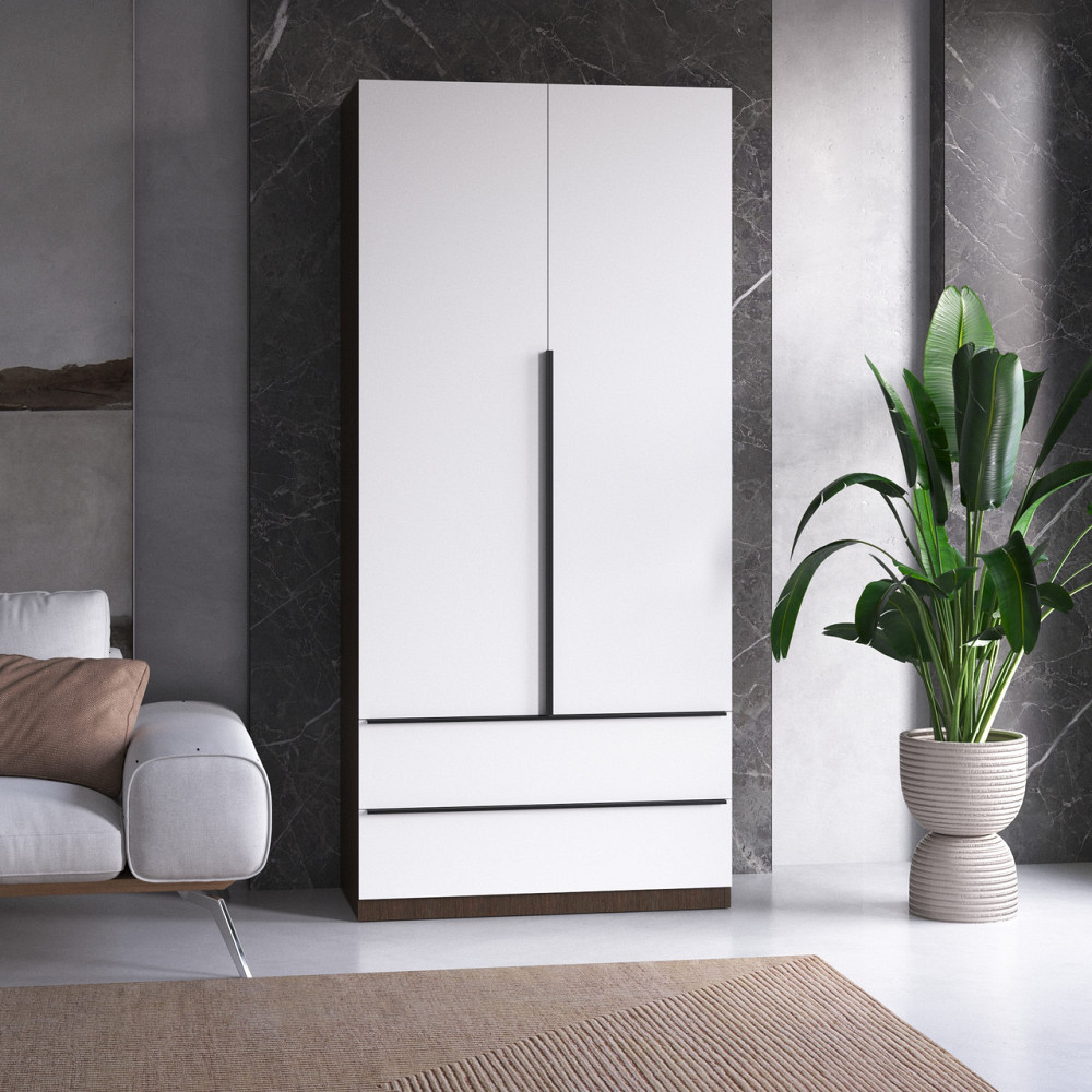 Шафа для одягу VAYS M-30 Венге Темний-Білий фасад, 2 шухляди, з штангою та полицями, ЛДСП, 100×50×220 см – для спальні, вітальні, передпокою Львів - фото 1