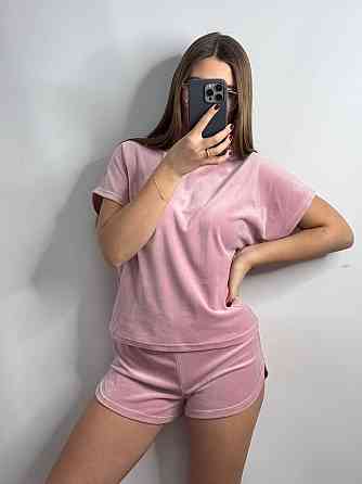 Піжама-комплект (футболка+шорти+штани) з плюшевого велюру Пудровий L Харків