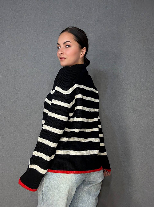 Светр жіночий MIX RAY 6635 смужка оверсайз подовжений вільний крій, чорний, one size Київ - фото 15