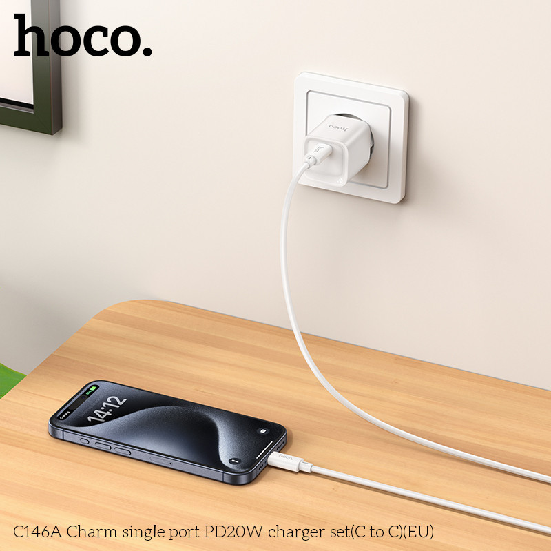 Мережевий зарядний пристрій з кабелем HOCO C146A Charm single port PD20W charger set (C to C) (EU) White Одеса - фото 7