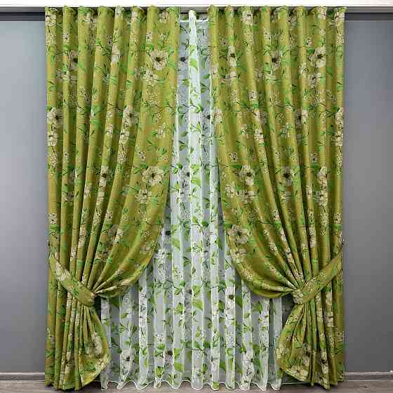 Комплект штор VR-Textil Лен Прованс 100х265 2шт и Тюль 300х265 1726ш-1809т Оливковый с белым 71-106/1 Киев