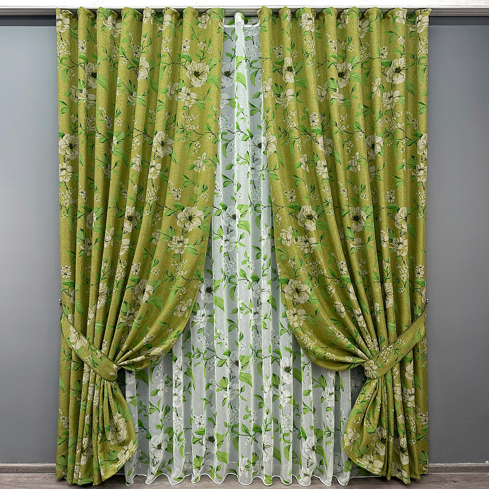 Комплект штор VR-Textil Лен Прованс 100х265 2шт и Тюль 300х265 1726ш-1809т Оливковый с белым 71-106/1 Киев - изображение 1