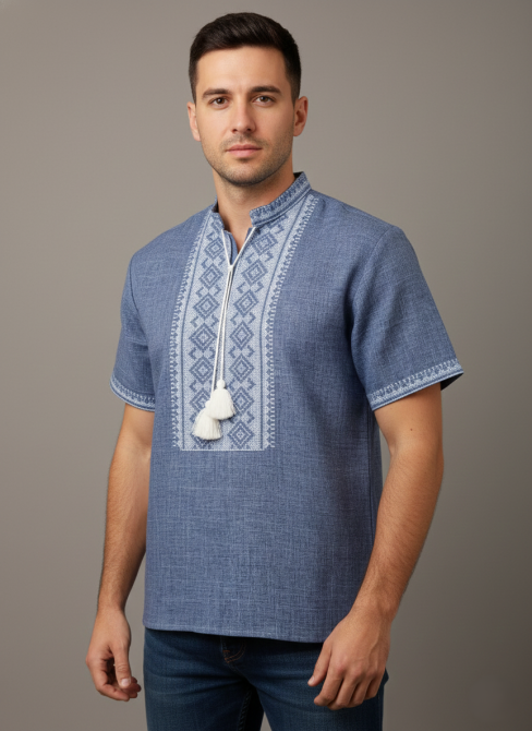 Мужская рубашка цвета джинс на короткий рукав с стойкой воротником 58 Киев - изображение 1