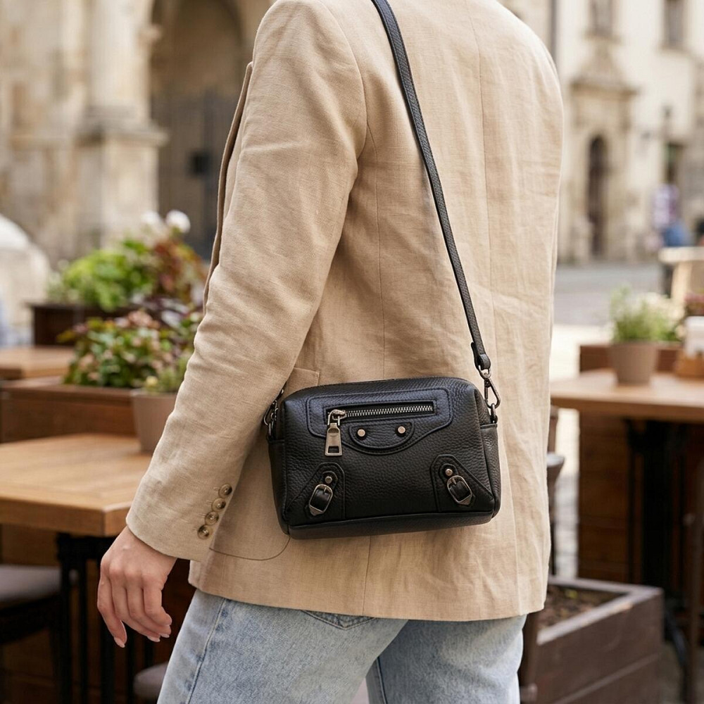 Модна жіноча сумка з натуральної шкіри з актуальним декором Vintage 22922 Чорний Київ - фото 12