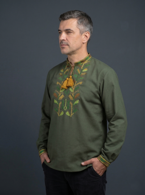 Мужская вышиванка хаки из домотканого полотна вышитая гладью Киев - изображение 2