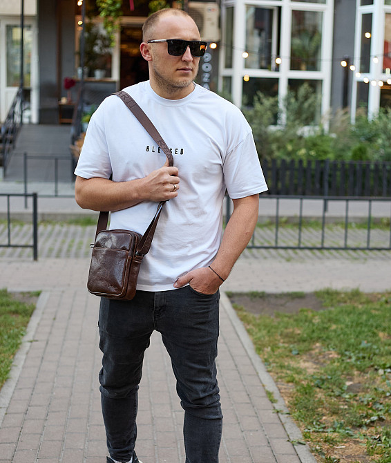 Мужской мессенджер через плечо 20х16х6, сумка планшетка для города, барсетка для телефона, коричневая Киев - изображение 9