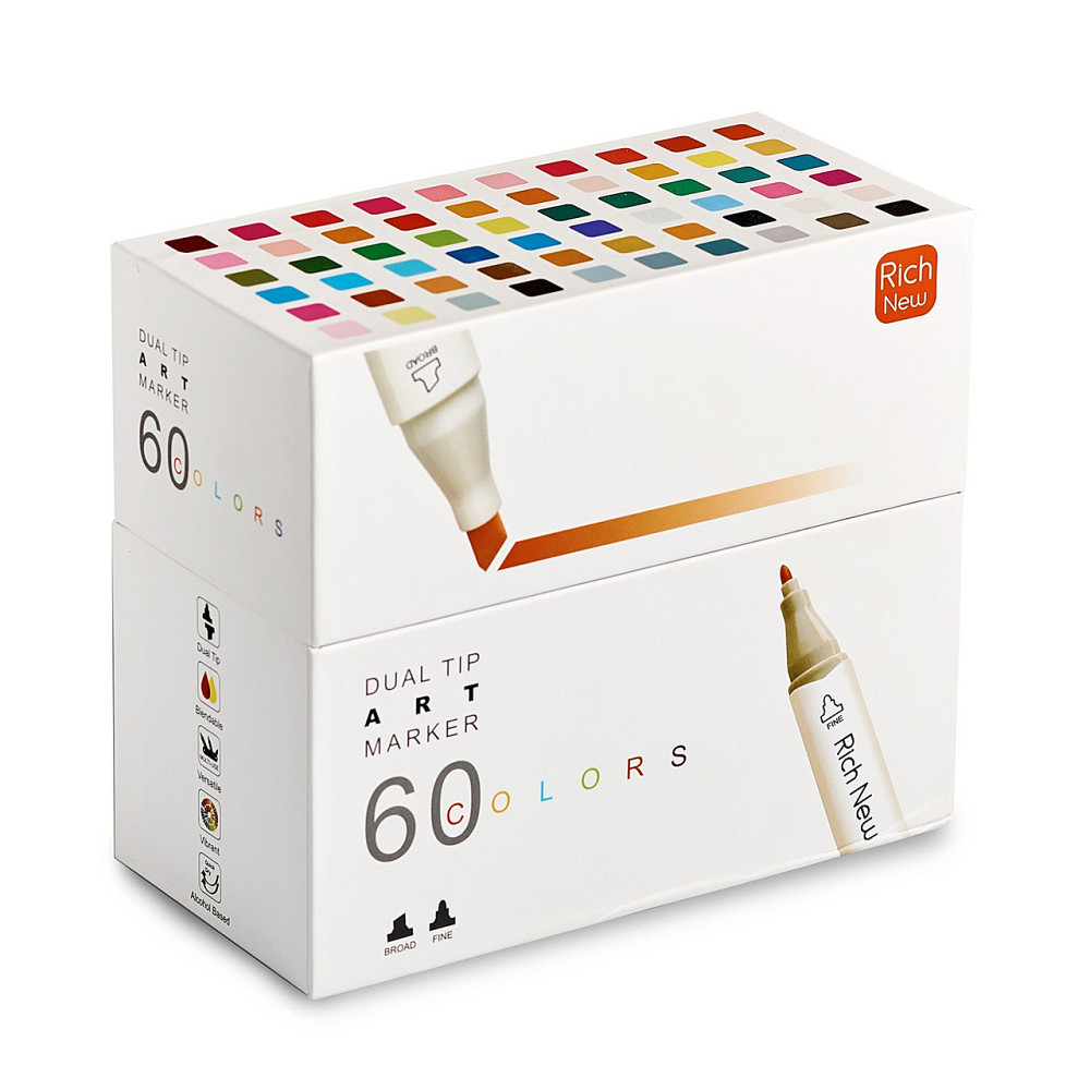 Набір професійних маркерів двосторонніх 60 штук Rich New для малювання і скетчинга на спиртовій основі Кам'янець-Подільський - фото 8
