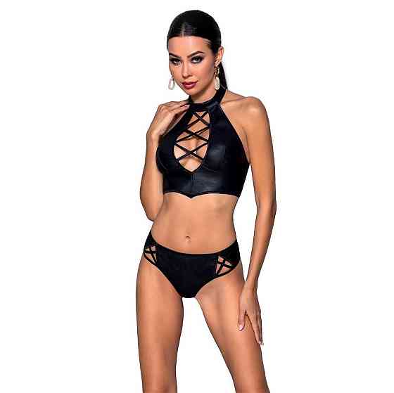 Комплект з еко-шкіри Passion NANCY BIKINI S/M, black, бра та трусики з імітацією шнурівки Sex Aura Київ