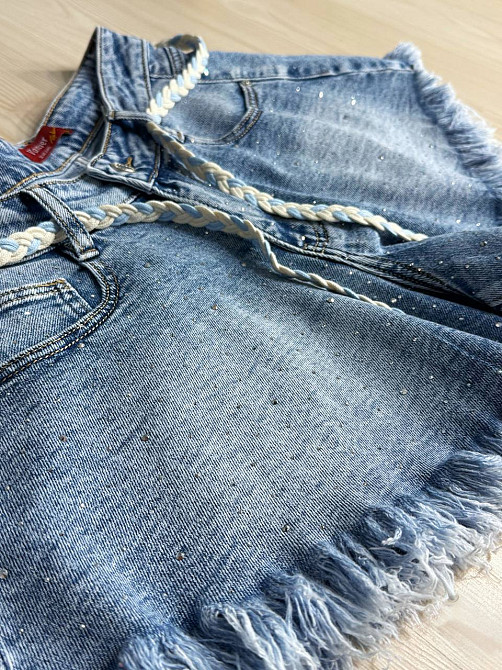 Шорти жіночі джинсові Vanver 2016 з камінням короткі розкльошені з бахромою блакитні, блакитний, 30, 30, 82 см Київ - фото 12