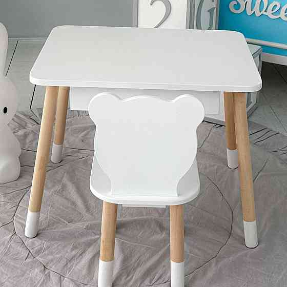 Стіл прямокутний з висувним ящиком 46х60х45 і стілець медвежа 26х26х24, столик та стільчик в дитячу, білий Київ