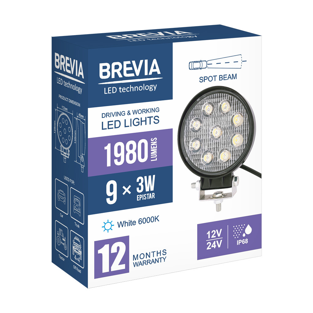 Фара светодиодная Brevia Epistar Spot 10-30V, 27W (9x3W), 1980Lm, 1шт Львов - изображение 7