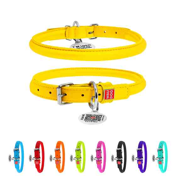 Нашийник для собак шкіряний WAUDOG Glamour з QR паспортом, круглий, Д 10 мм, Дов 39-47 см жовти Коломыя