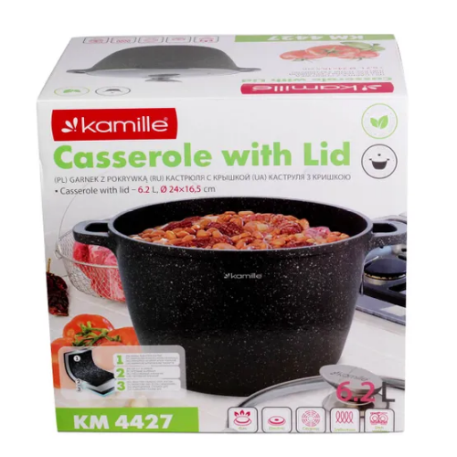 Каструля литий алюміній глибока 6,2л 24*16,5см скляна кришка а/п Granite 4427 KAMILLE Житомир - фото 3